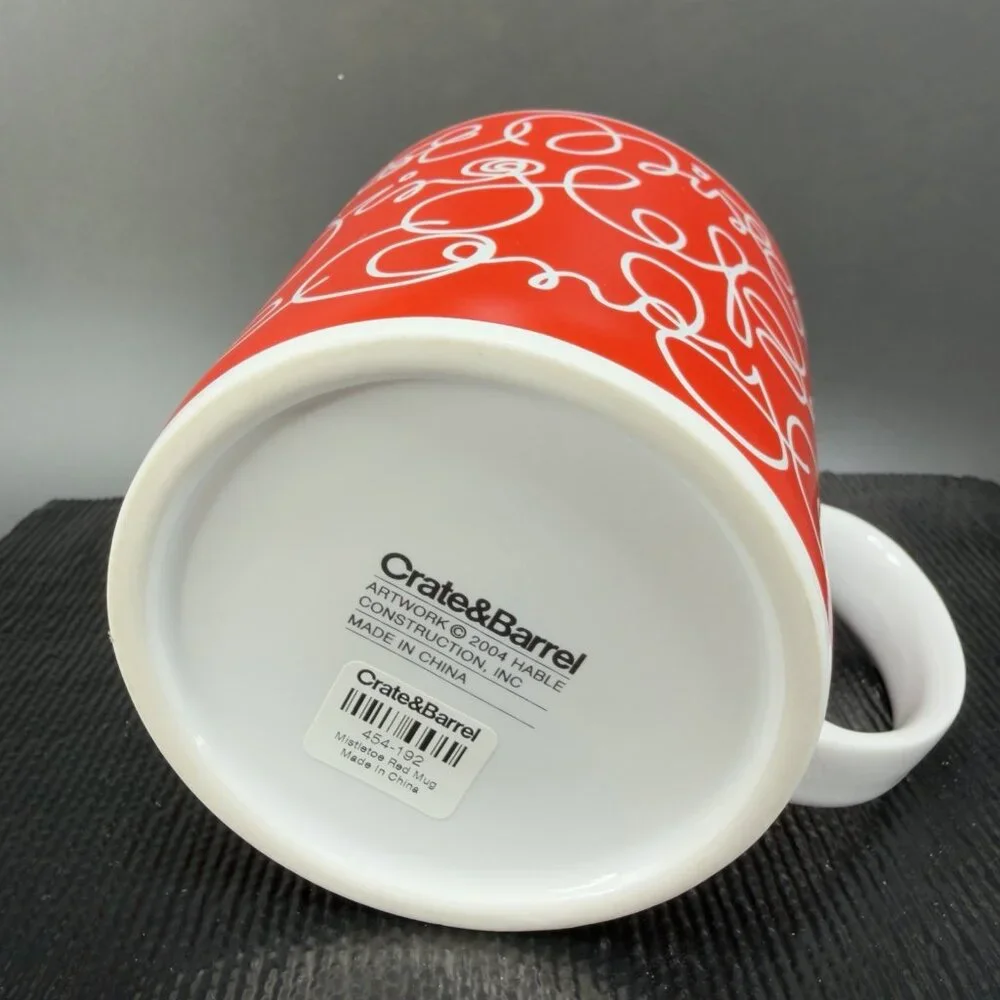 Crate And Barrel Christmas Mug Cup Jingle Bells Mistletoe Candy Cane Set 2 Mugs